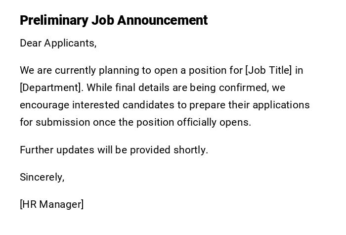 Preliminary Job Announcement Preliminary Job Announcement