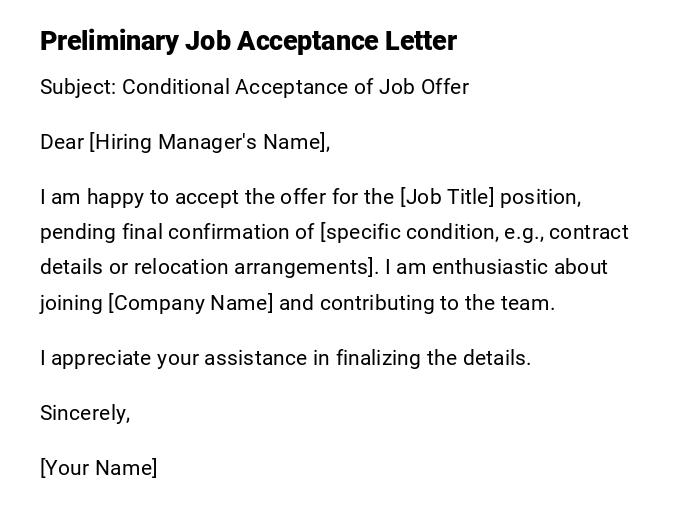 Preliminary Job Acceptance Letter