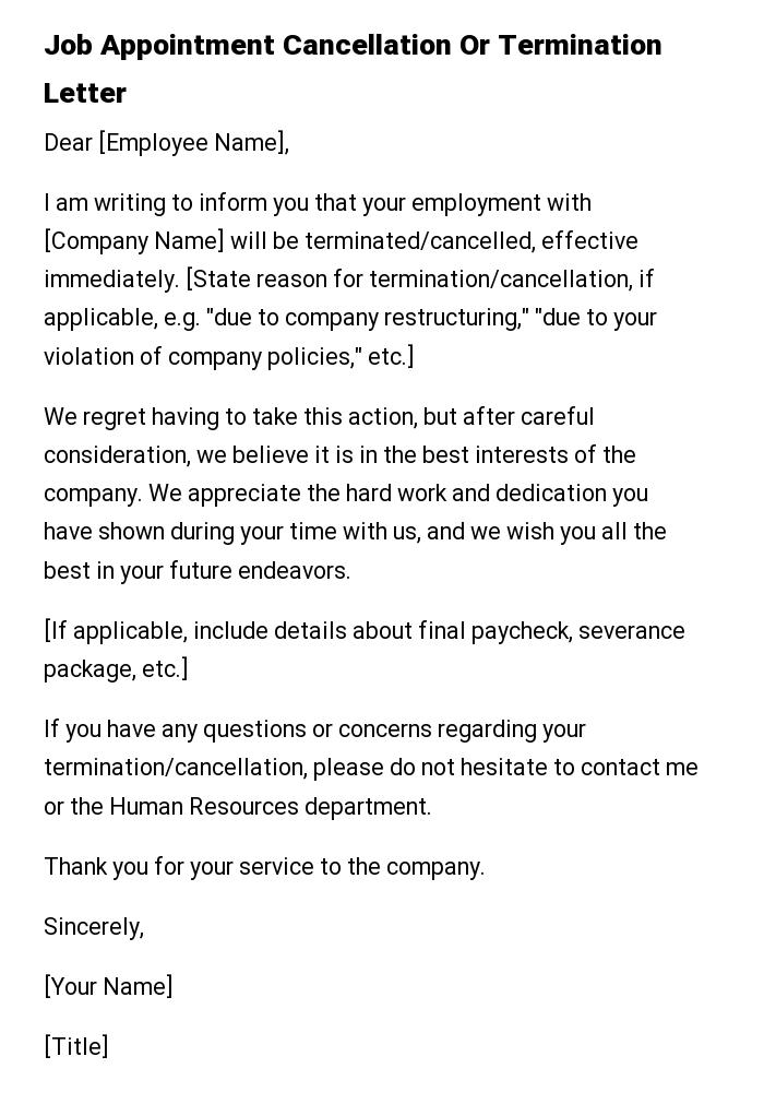 Job Appointment Cancellation Or Termination Letter