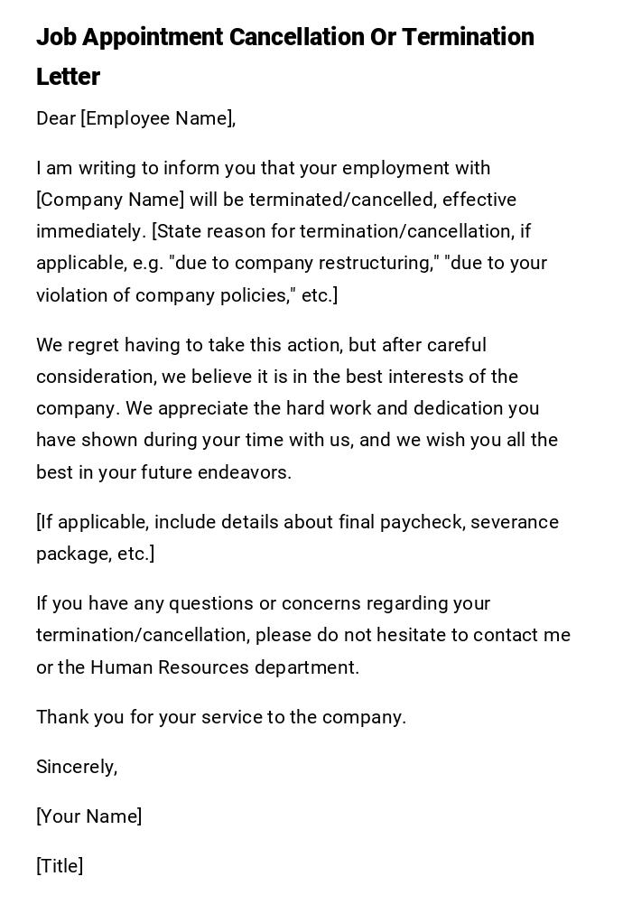 Job Appointment Cancellation Or Termination Letter