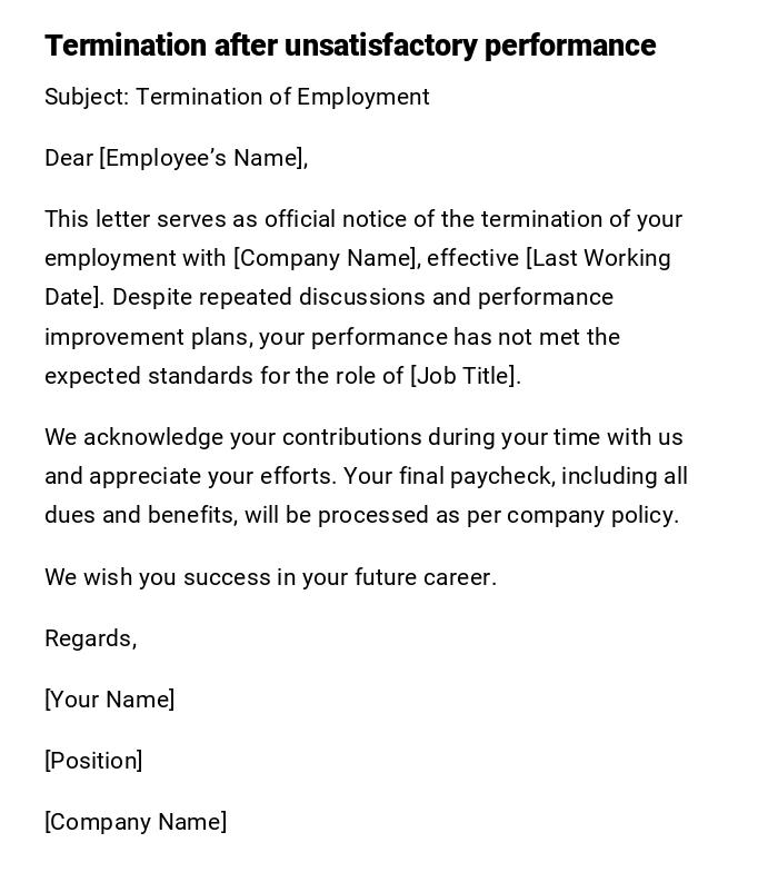 Termination after unsatisfactory performance Termination after unsatisfactory performance