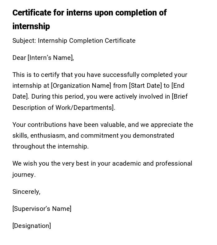 Certificate for interns upon completion of internship Certificate for interns upon completion of internship