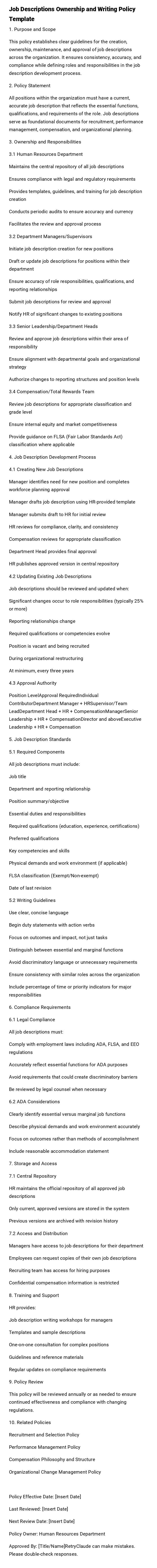 Job Descriptions Ownership and Writing Policy Template Job Descriptions Ownership and Writing Policy Template