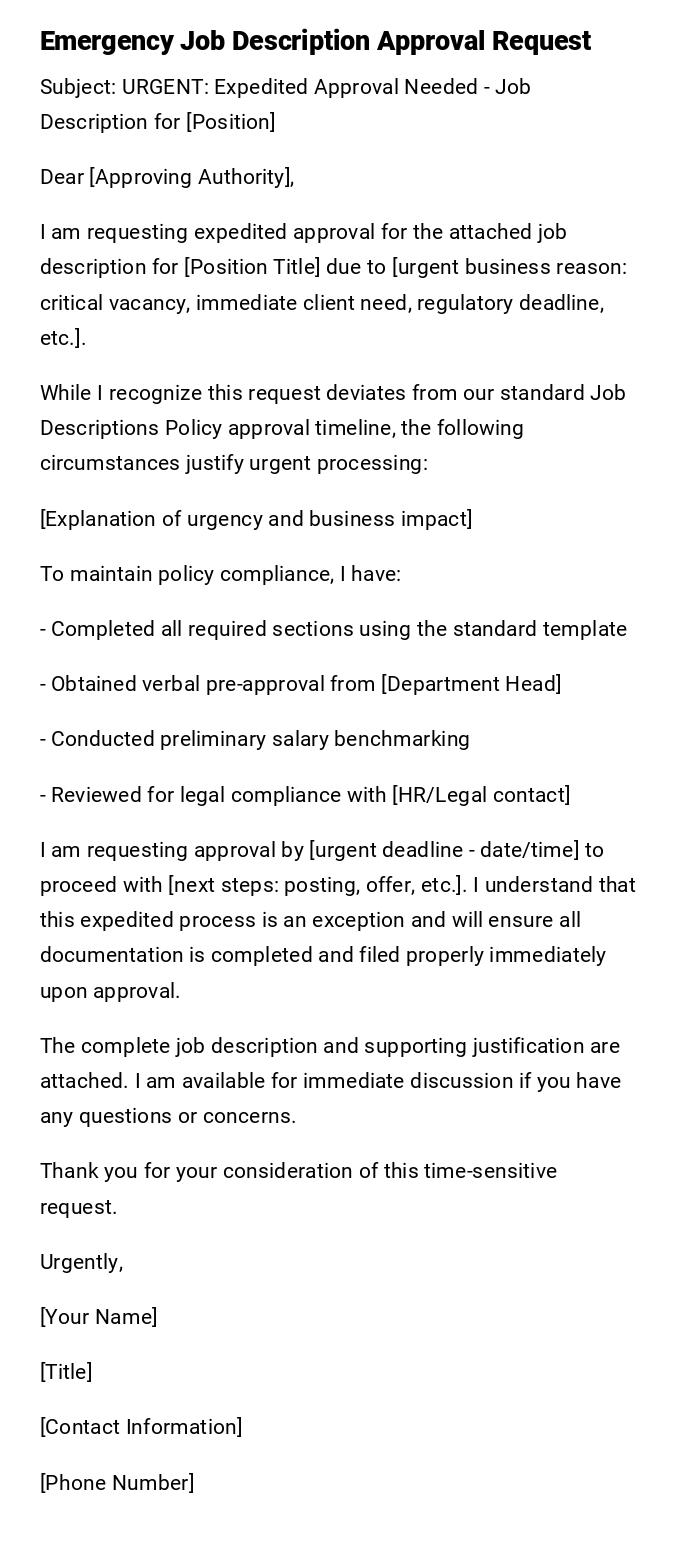 Emergency Job Description Approval Request Emergency Job Description Approval Request