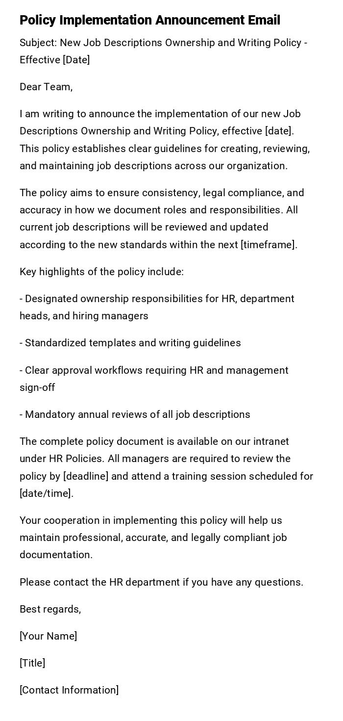 Policy Implementation Announcement Email Policy Implementation Announcement Email