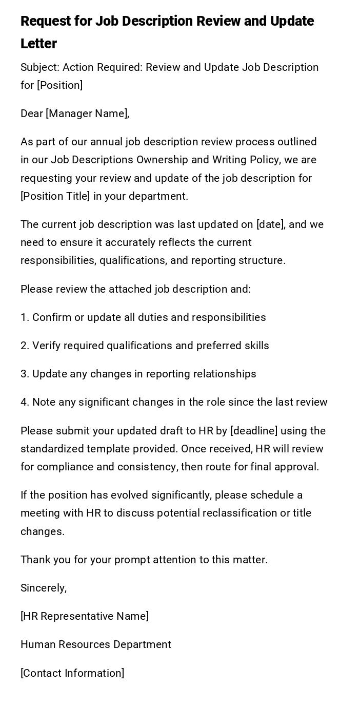 Request for Job Description Review and Update Letter Request for Job Description Review and Update Letter