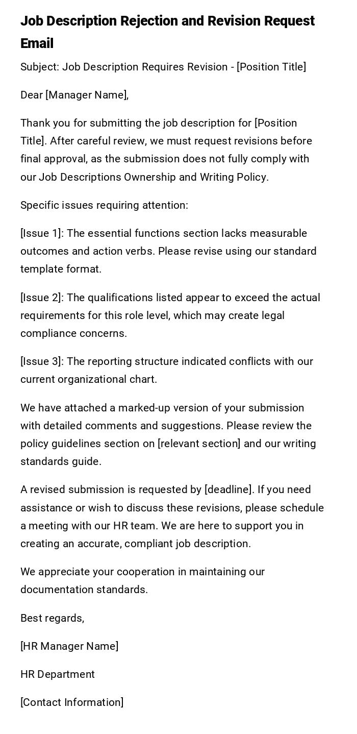 Job Description Rejection and Revision Request Email Job Description Rejection and Revision Request Email