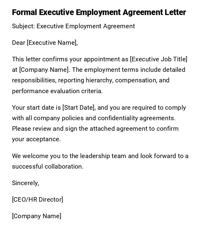 Formal Executive Employment Agreement Letter