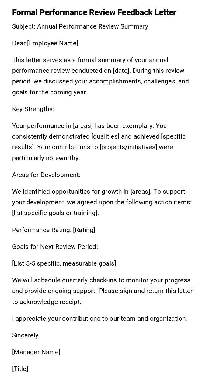 Formal Performance Review Feedback Letter Formal Performance Review Feedback Letter