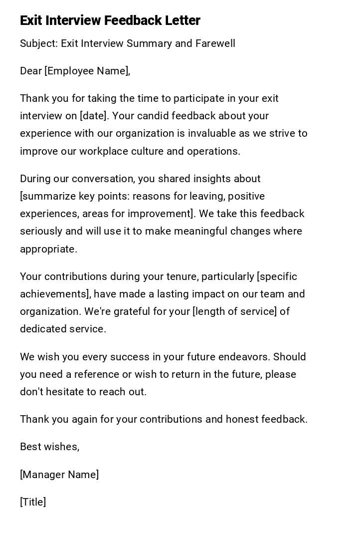 Exit Interview Feedback Letter Exit Interview Feedback Letter