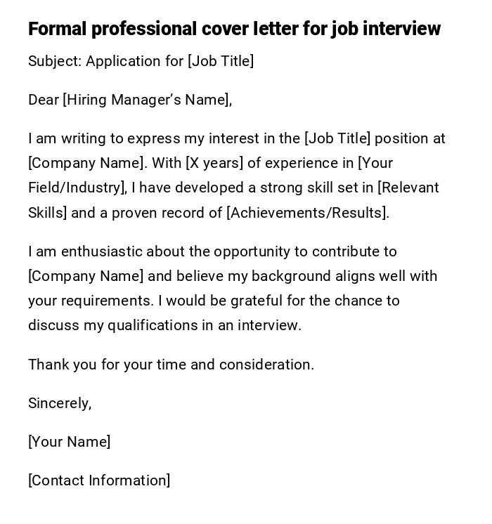 Formal professional cover letter for job interview Formal professional cover letter for job interview