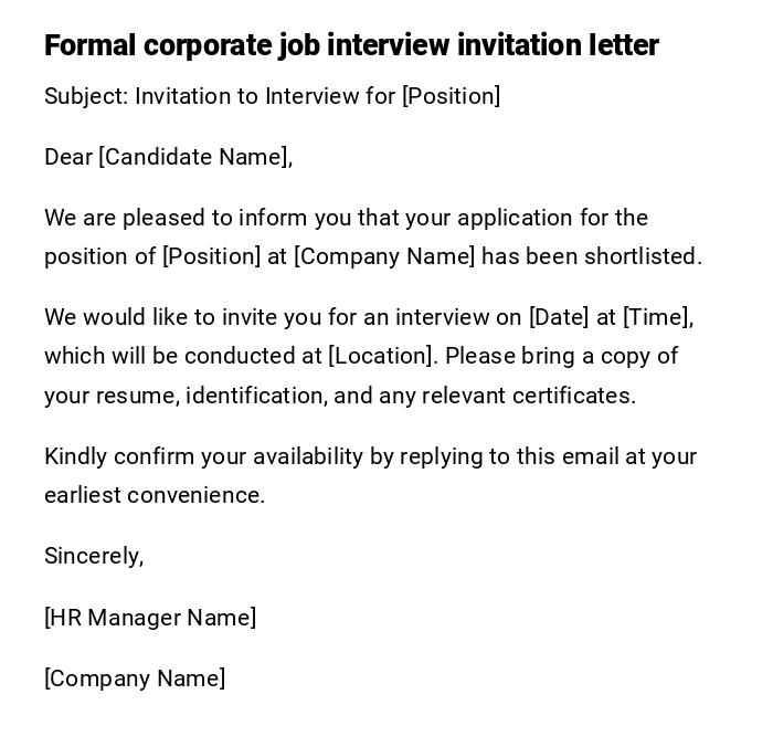 Formal corporate job interview invitation letter