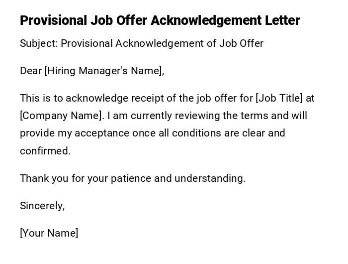 Provisional Job Offer Acknowledgement Letter Provisional Job Offer Acknowledgement Letter