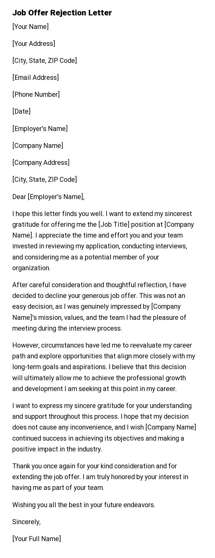 Job Offer Rejection Letter