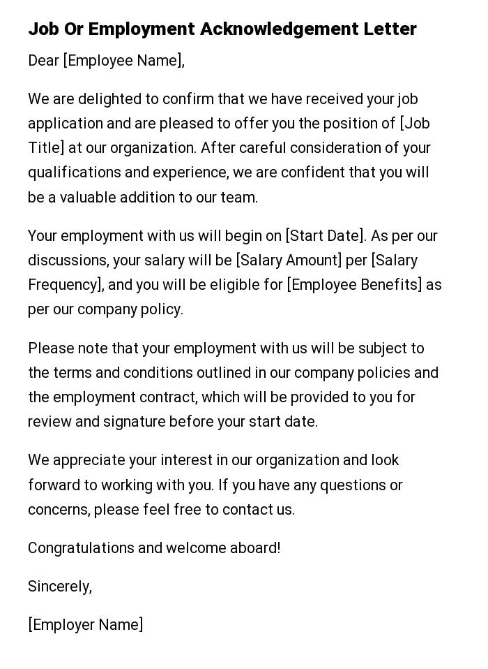 Job Or Employment Acknowledgement Letter