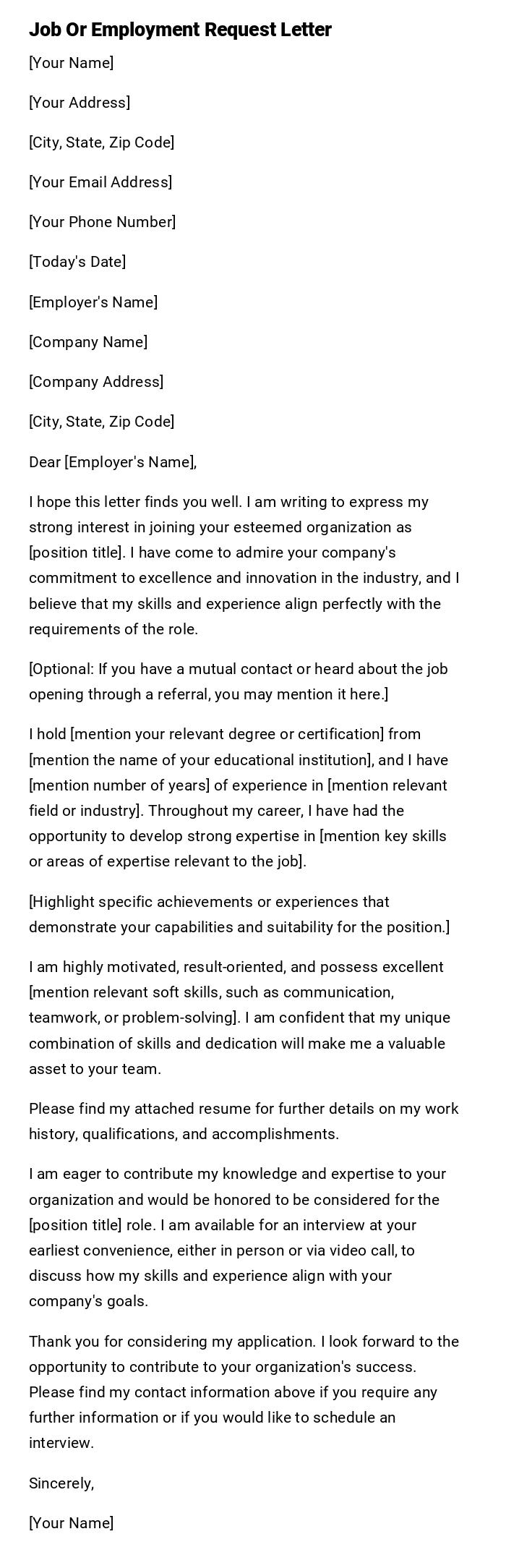 Job Or Employment Request Letter