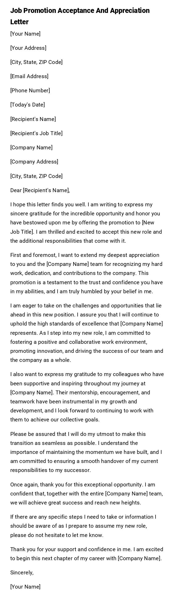 Job Promotion Acceptance And Appreciation Letter