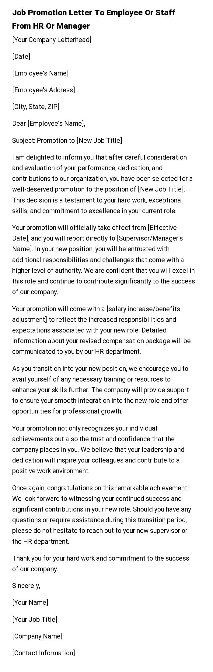 Job Promotion Letter To Employee Or Staff From HR Or Manager