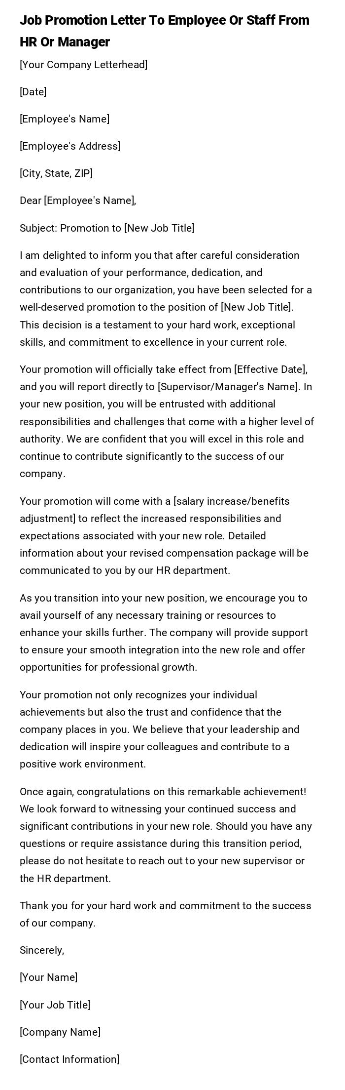 Job Promotion Letter To Employee Or Staff From HR Or Manager