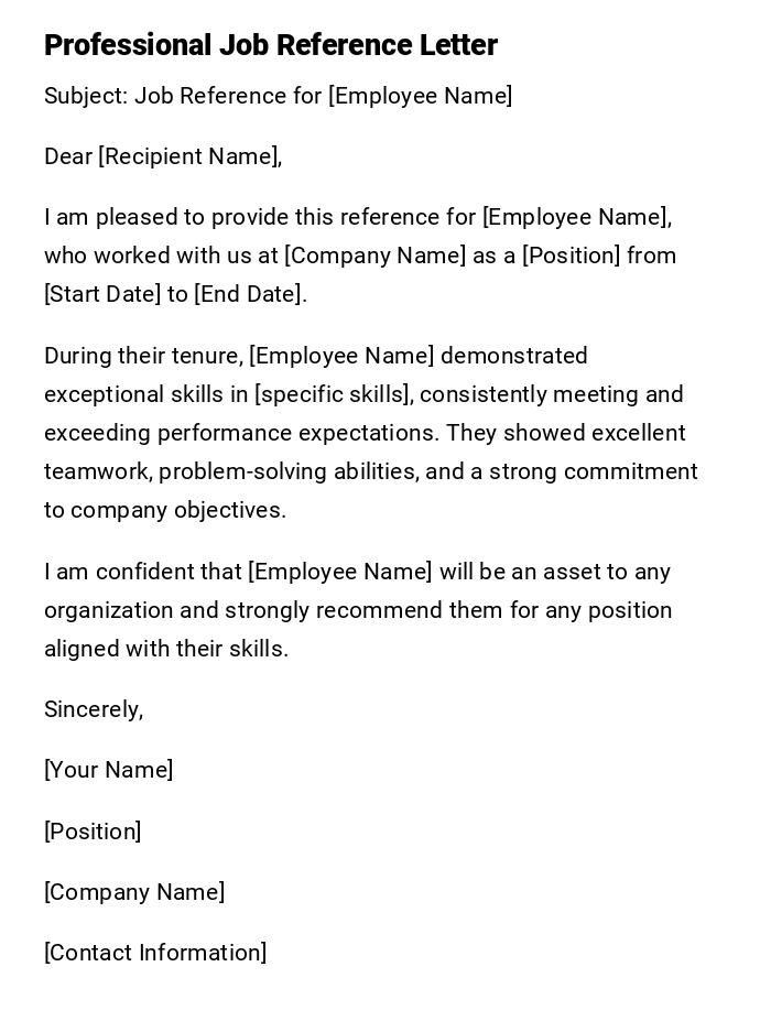 Professional Job Reference Letter Professional Job Reference Letter