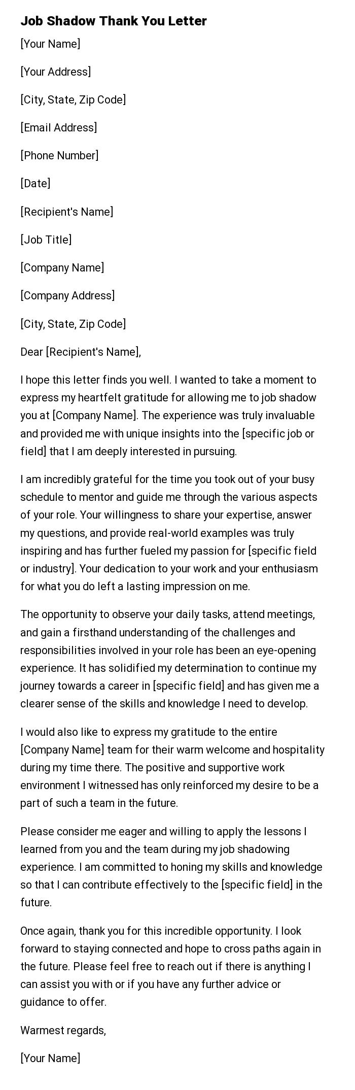 Job Shadow Thank You Letter