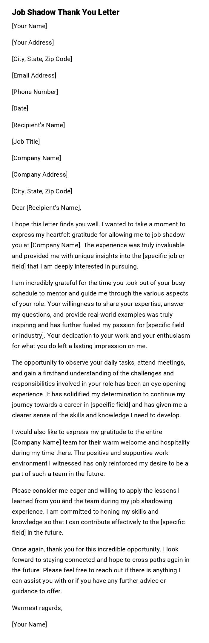 Job Shadow Thank You Letter