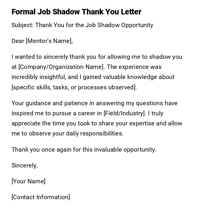 Formal Job Shadow Thank You Letter Formal Job Shadow Thank You Letter