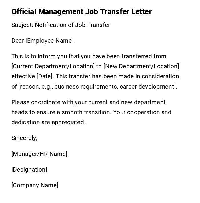 Official Management Job Transfer Letter