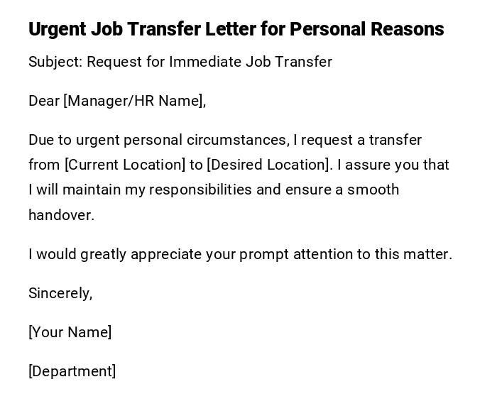 Urgent Job Transfer Letter for Personal Reasons