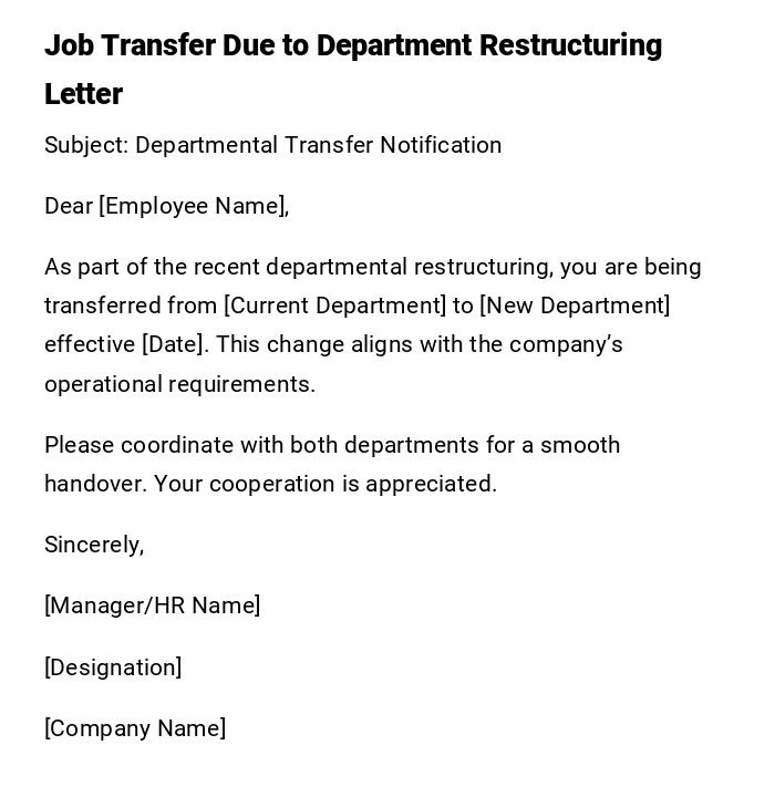Job Transfer Due to Department Restructuring Letter