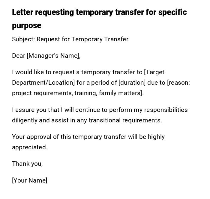Letter requesting temporary transfer for specific purpose Letter requesting temporary transfer for specific purpose