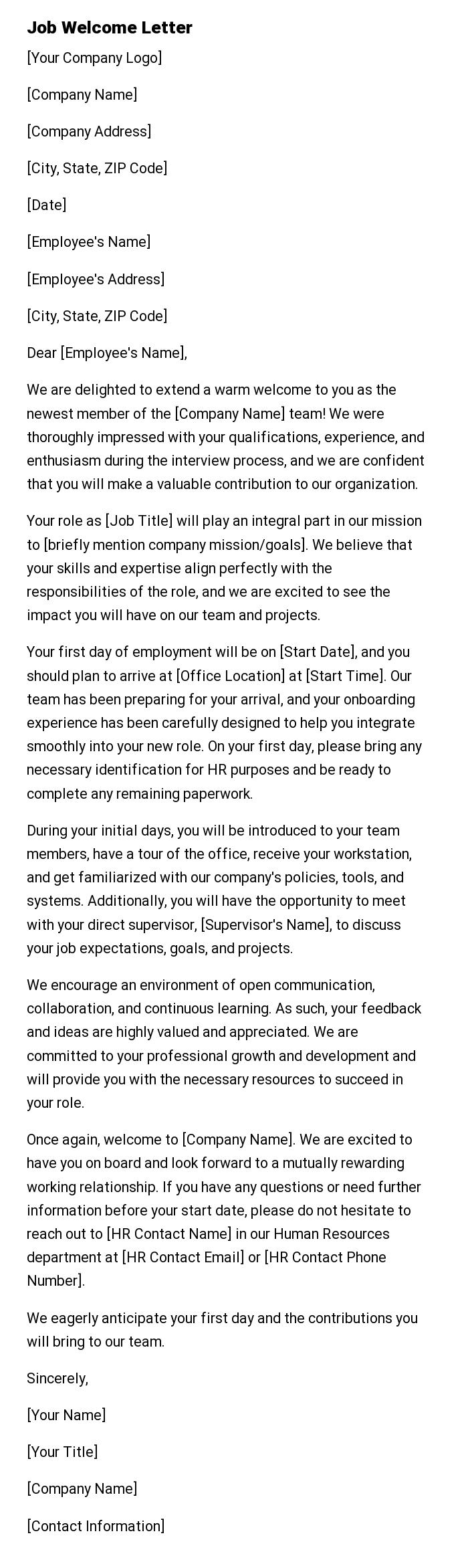 Job Welcome Letter