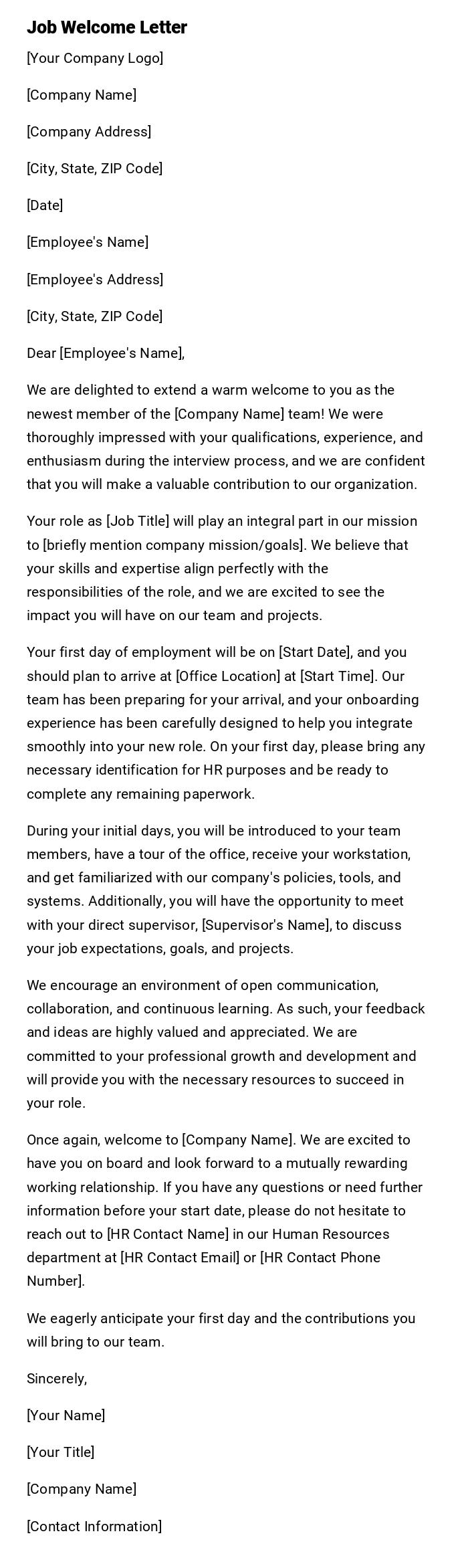 Job Welcome Letter