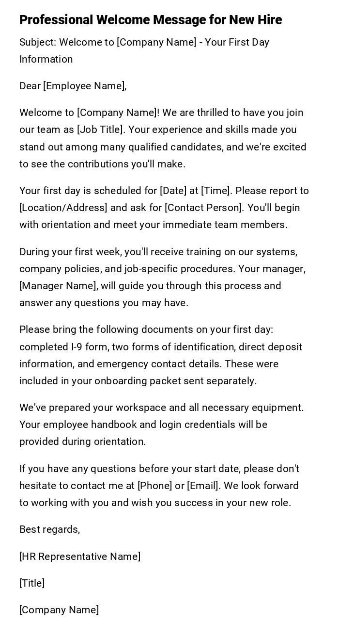 Professional Welcome Message for New Hire Professional Welcome Message for New Hire