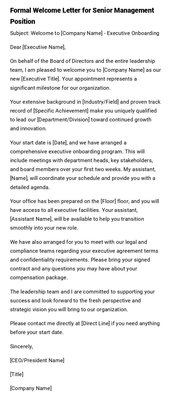 Formal Welcome Letter for Senior Management Position Formal Welcome Letter for Senior Management Position