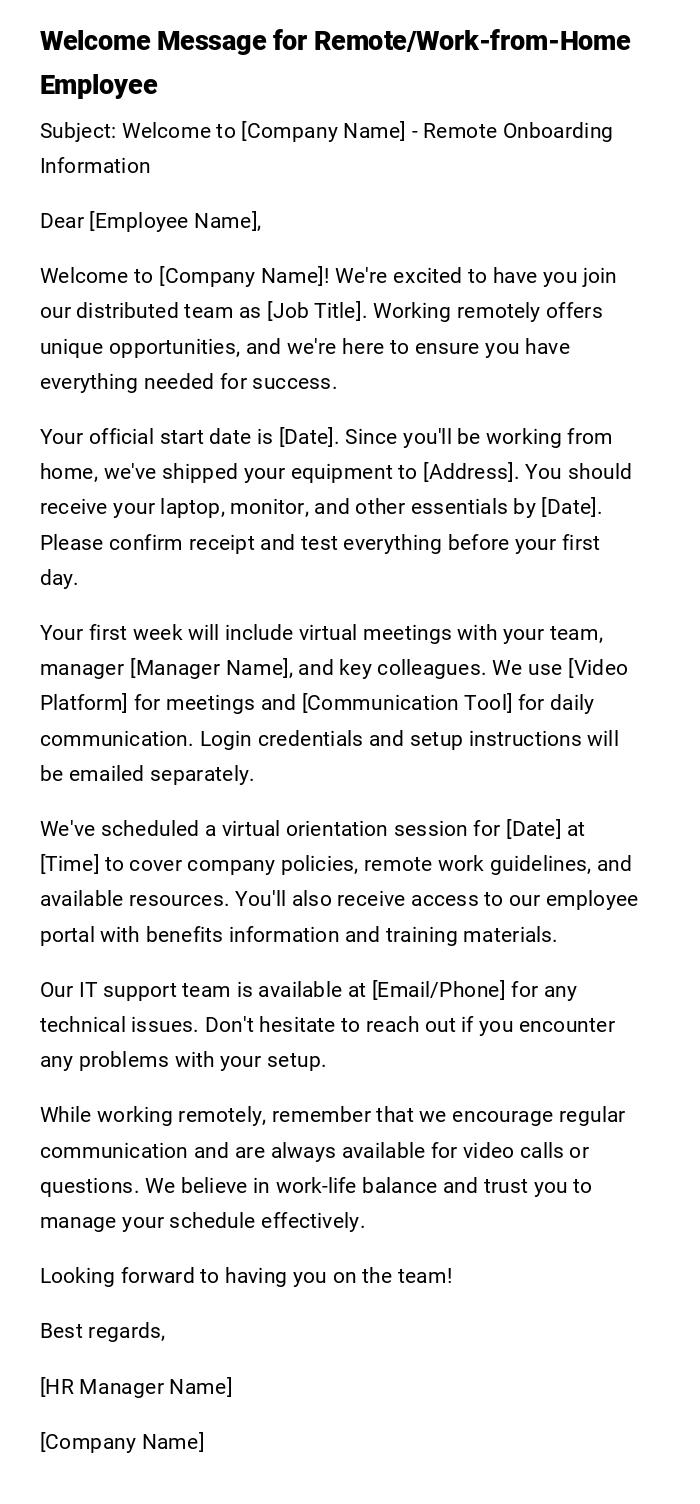 Welcome Message for Remote/Work-from-Home Employee Welcome Message for Remote/Work-from-Home Employee