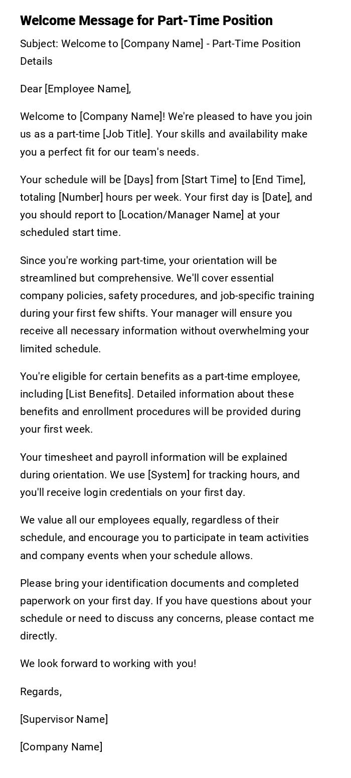 Welcome Message for Part-Time Position Welcome Message for Part-Time Position