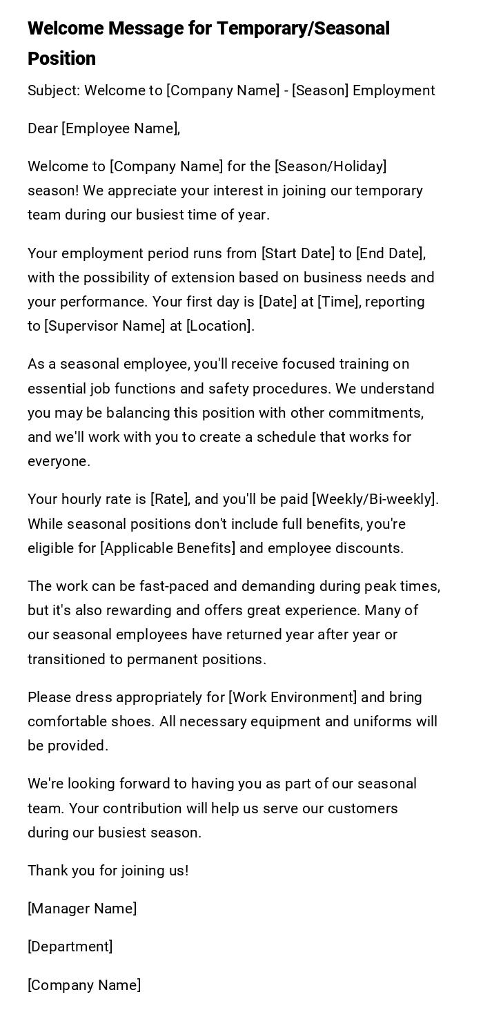 Welcome Message for Temporary/Seasonal Position Welcome Message for Temporary/Seasonal Position