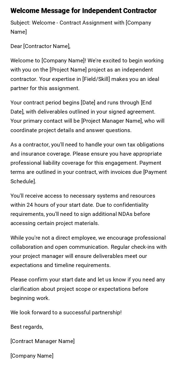 Welcome Message for Independent Contractor Welcome Message for Independent Contractor