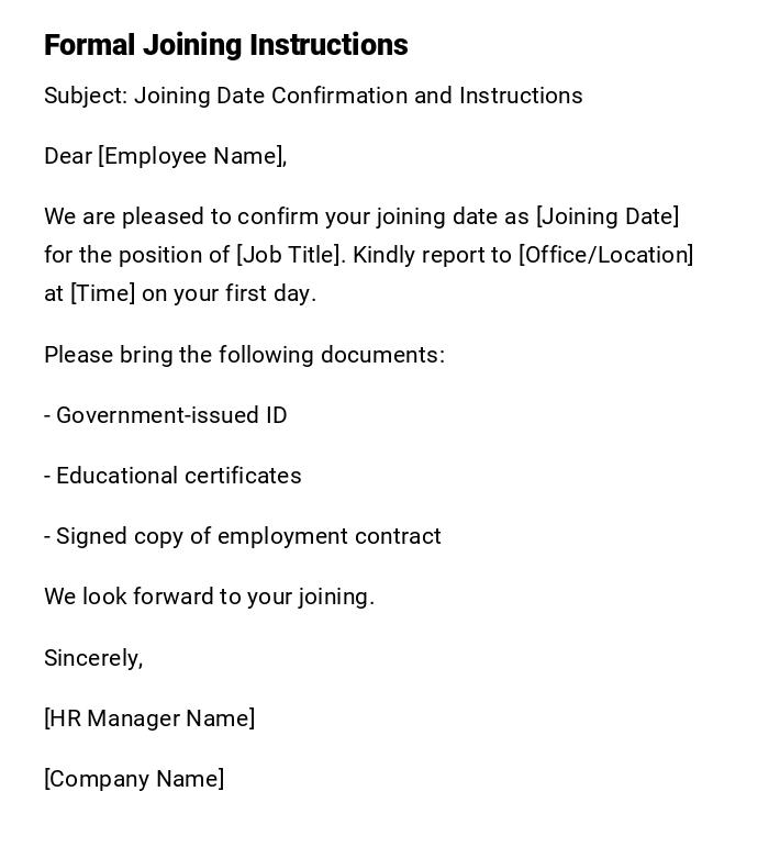 Formal Joining Instructions Formal Joining Instructions