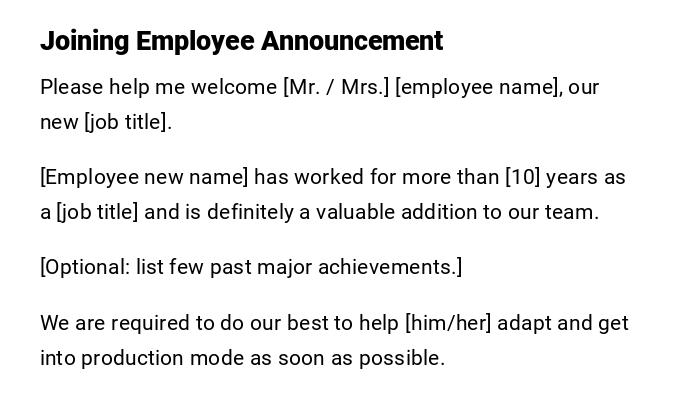 Joining Employee Announcement Joining Employee Announcement