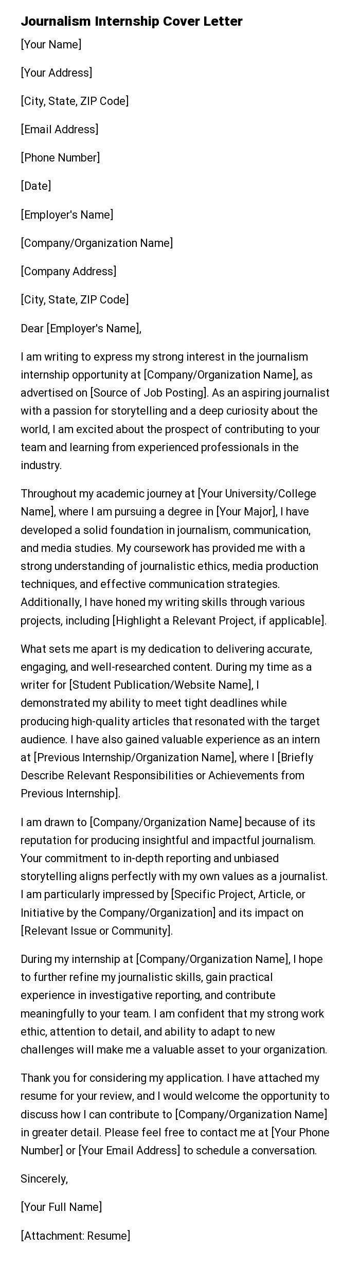 Journalism Internship Cover Letter