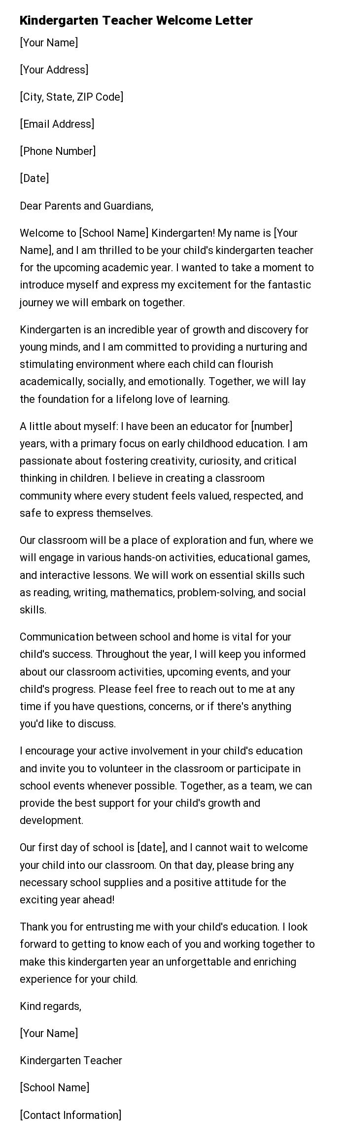 Kindergarten Teacher Welcome Letter