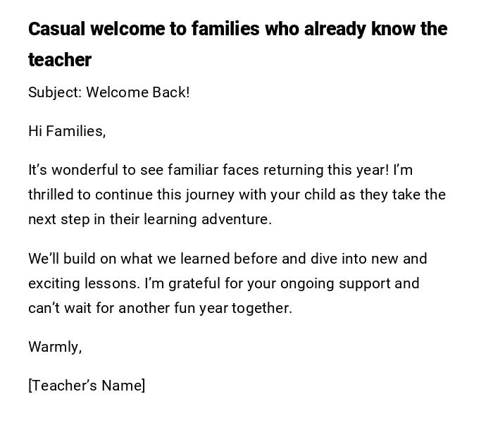 Casual welcome to families who already know the teacher