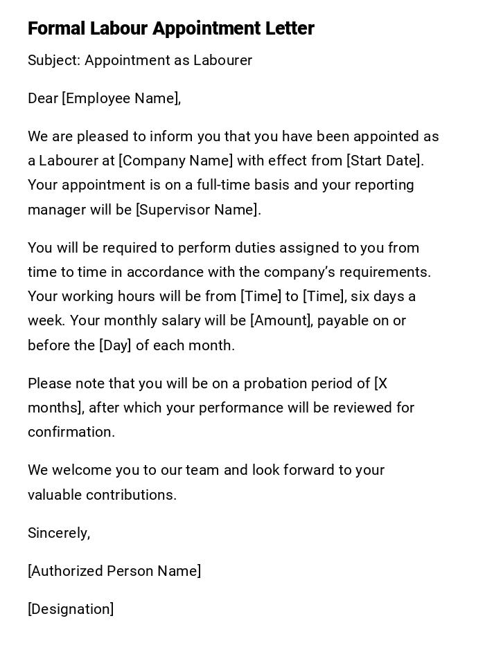 Formal Labour Appointment Letter Formal Labour Appointment Letter