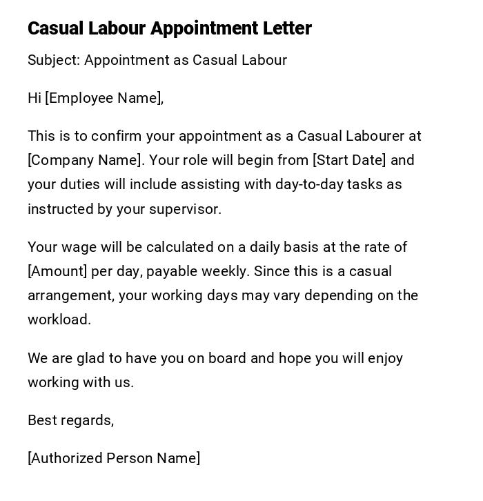 Casual Labour Appointment Letter Casual Labour Appointment Letter