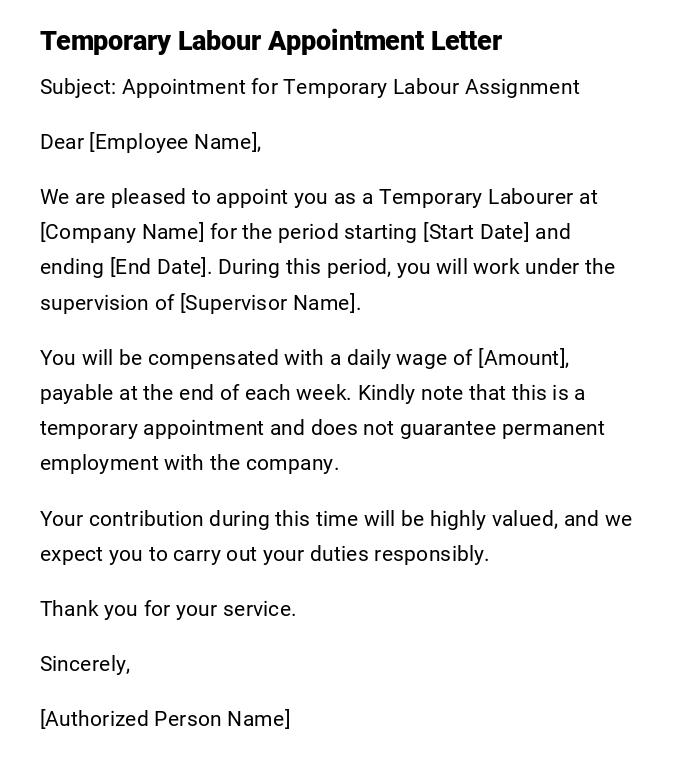Temporary Labour Appointment Letter Temporary Labour Appointment Letter