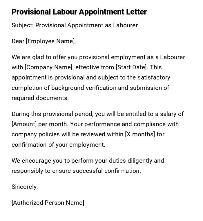 Provisional Labour Appointment Letter Provisional Labour Appointment Letter