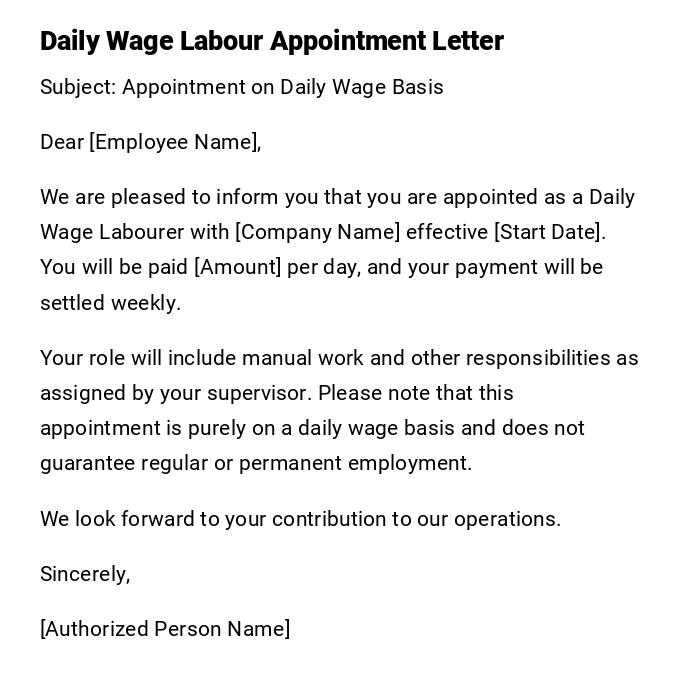 Daily Wage Labour Appointment Letter Daily Wage Labour Appointment Letter