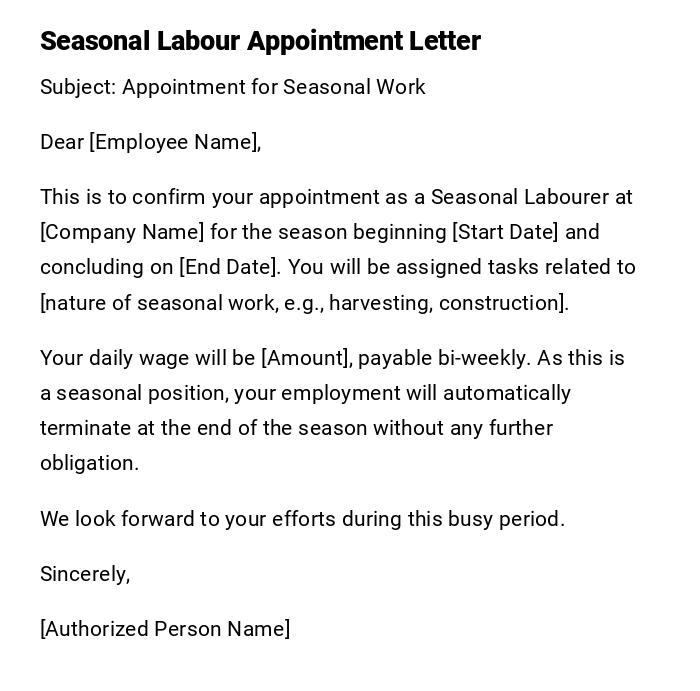 Seasonal Labour Appointment Letter Seasonal Labour Appointment Letter
